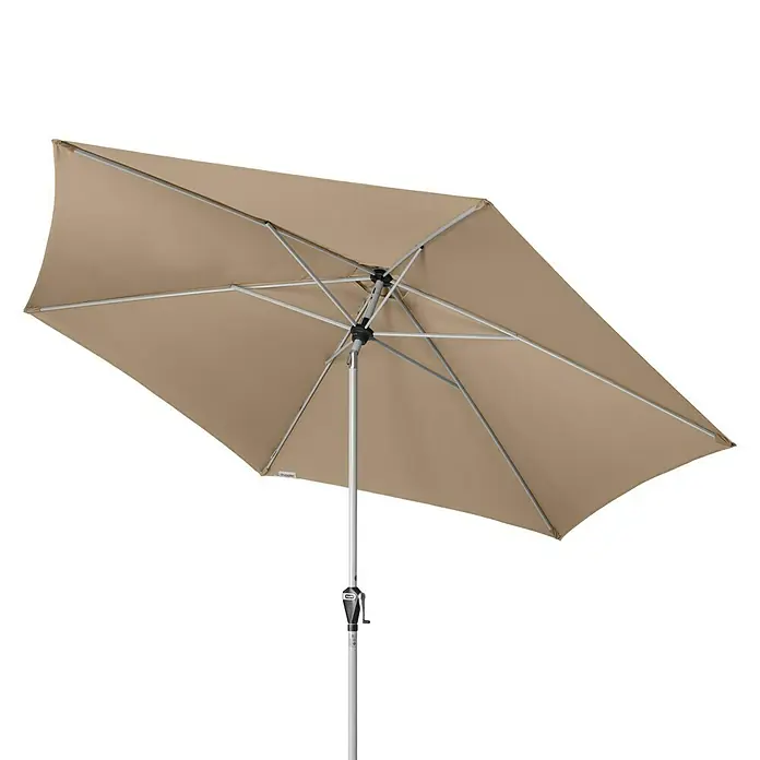 Doppler Active Marktschirm rund Auto Tilt - Greige, Durchmesser Bespannung: 320 cm - Schirm: Ein rechteckiger, beiger Sonnenschirm mit silbernem Gestell und Kurbelmechanismus bietet stilvollen Sonnenschutz.