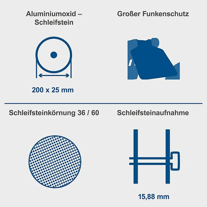 Scheppach Elektro-Doppelschleifer BG 200 - 550 W, Durchmesser Trockenschleifscheibe: 200 mm - Produktdetails: Aluminiumoxid-Schleifstein, Größe 200 x 25 mm, Körnung 36/60, mit großem Funkenschutz und 15,88 mm Schleifsteinaufnahme.