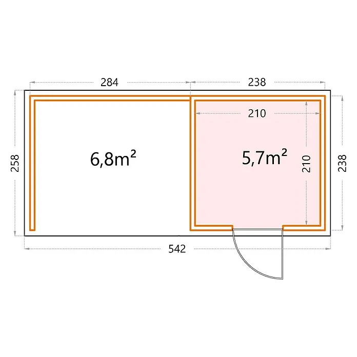 Telluria Metallgerätehaus Classico 2424 mit Lounge S links inkl. Elektro-Set - Außenmaß inkl. Dachüberstand (B x T): 542 x 258 cm, Stahl, Weiß/Anthrazit, Inkl. Innenwandverkleidung & Elektro-Set - Abbildung eines Grundrisses mit Maßangaben, der die Aufteilung und Größe der Räume detailliert darstellt.