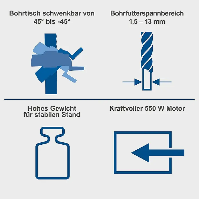 Scheppach Tischbohrmaschine DP16 SL - 550 W, 510 U/min - 2.430 U/min, Spannweite Bohrfutter: 3 mm - 13 mm - Produktmerkmale: Schwenkbarer Bohrtisch, Bohrfutterspannbereich, hohes Gewicht für Stabilität, kraftvoller Motor.