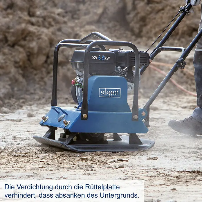 Scheppach Rüttelplatte HP 2200 S - 4,8 kW, Verdichtungsdruck: 25 kN - Die Scheppach Rüttelplatte mit 4.8kW Motor verdichtet den Untergrund zuverlässig und verhindert Absenkungen.