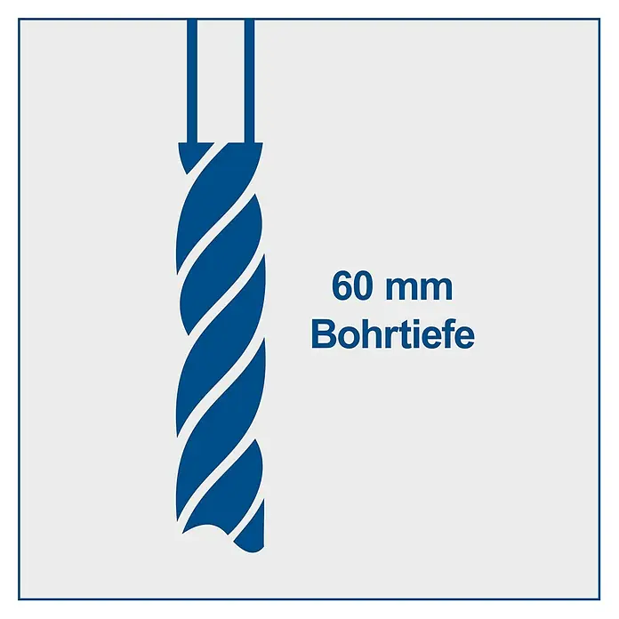 Scheppach Tischbohrmaschine DP16 SL - 550 W, 510 U/min - 2.430 U/min, Spannweite Bohrfutter: 3 mm - 13 mm - Illustration eines Bohrers mit der Angabe der Bohrtiefe von 60 mm, hervorgehoben in blauer Farbe auf hellem Hintergrund.