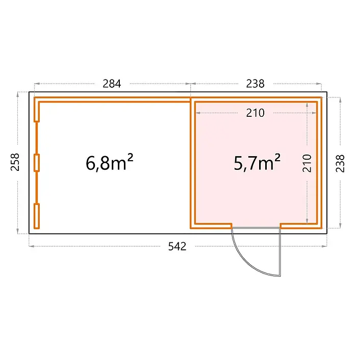 Telluria Metallgerätehaus Classico 2424 mit Lounge S links inkl. 2 Fenster und Elektro-Set - Außenmaß inkl. Dachüberstand (B x T): 542 x 258 cm, Stahl, Weiß/Anthrazit, Inkl. Innenwandverkleidung & Elektro-Set - Grundriss eines Hauses mit zwei Zimmern und den Maßen in cm, sowie der Fläche der beiden Zimmer in m².