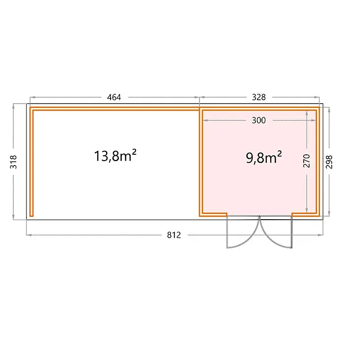 Telluria Metallgerätehaus Classico 3330 mit Lounge XL links inkl. Elektro-Set - Außenmaß inkl. Dachüberstand (B x T): 812 x 318 cm, Stahl, Weiß, Inkl. Innenwandverkleidung & Elektro-Set - Grundriss des Gartenhauses mit den Maßen 812 x 318 cm, aufgeteilt in zwei Räume mit 13,8 m² und 9,8 m² Fläche.