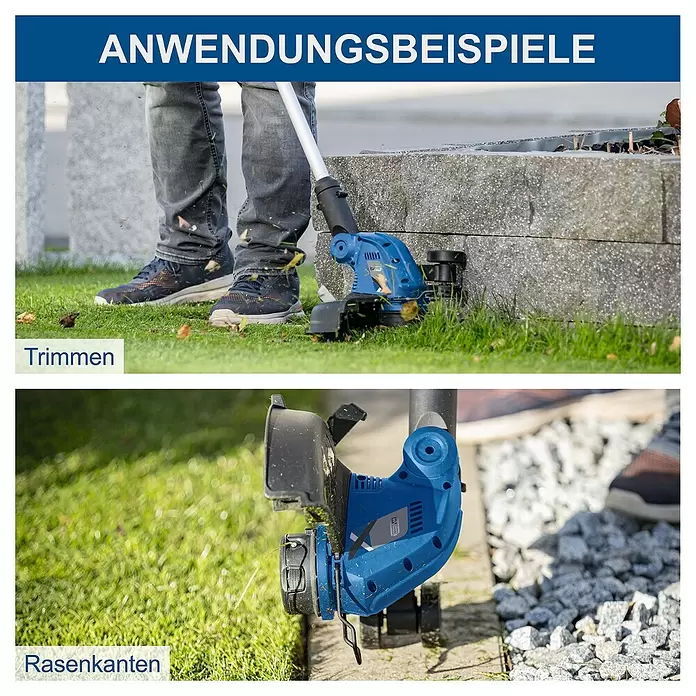 Scheppach IXES 20V Akku-Rasentrimmer C-LT300-X Set S - 20 V, 2 Ah, Li-Ionen, 1 Akku, Schnittbreite Faden: 300 mm - Ein blauer und schwarzer Rasentrimmer in Gebrauch, zeigt das Trimmen von Gras und das Kanten schneiden.
