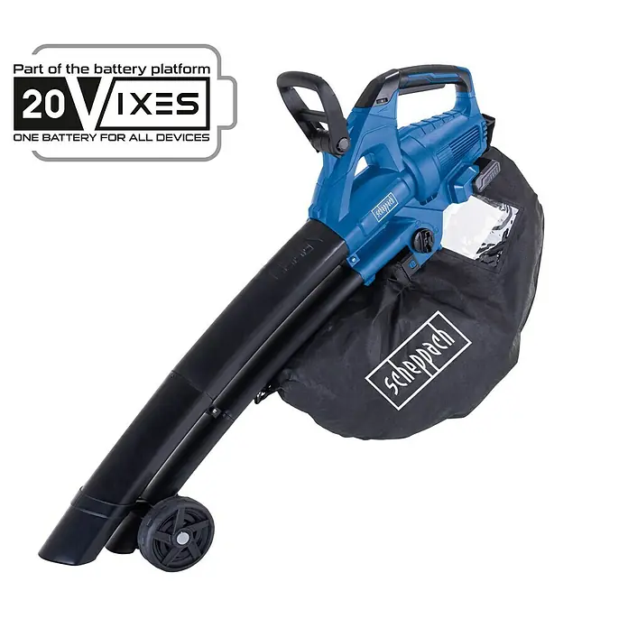 Scheppach IXES 20V Akku-Laubsauger & -Laubbläser BC-BLV720-X - Ohne Akku, Blasleistung: 720 m³/h, Blasgeschwindigkeit: 210 km/h - Akkubetriebener Laubbläser und -sauger von Scheppach mit praktischem Auffangsack und Rädern für komfortables Arbeiten.
