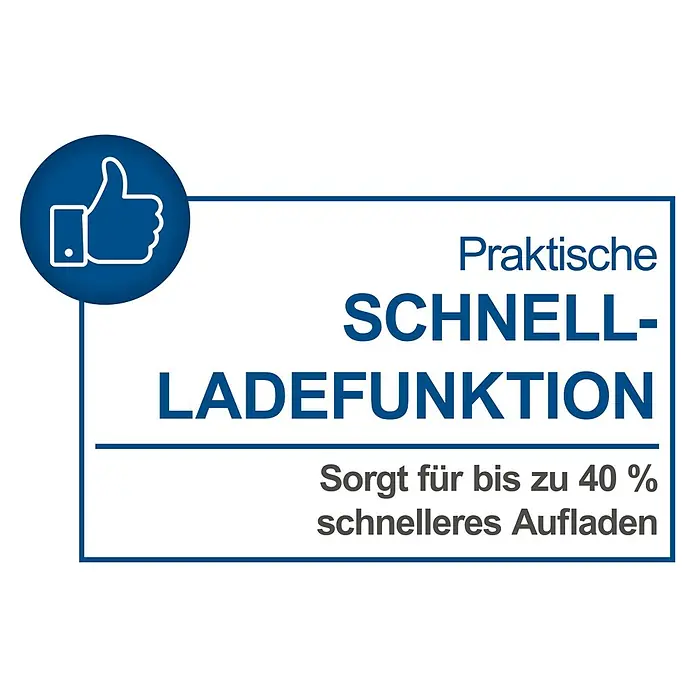 Scheppach IXES 20V Schnellladegerät SBC4.5A - Passend für: Scheppach IXES 20V Akkus - Das Bild zeigt ein Logo, das eine "Praktische SCHNELL-LADEFUNKTION" bewirbt, die bis zu 40 % schnelleres Aufladen ermöglicht.