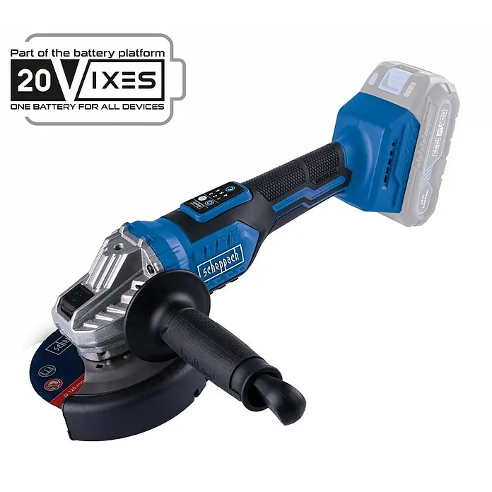 Scheppach IXES 20V Amoladora angular de batería BC-AG125-X - 20 V, Sin batería, Diámetro disco: 125 mm - Amoladora angular inalámbrica Scheppach con batería de 20V para un rectificado flexible, parte de una plataforma de batería.