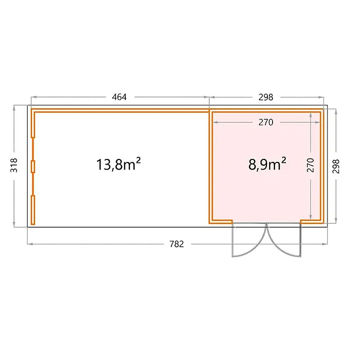 Telluria Metallgerätehaus Classico 3030 mit Lounge XL links inkl. 2 Fenster und Elektro-Set - Außenmaß inkl. Dachüberstand (B x T): 782 x 318 cm, Stahl, Anthrazit, Inkl. Innenwandverkleidung & Elektro-Set - Grundrisszeichnung eines Hauses mit zwei Räumen, Abmessungen und Flächenangaben sind dargestellt.