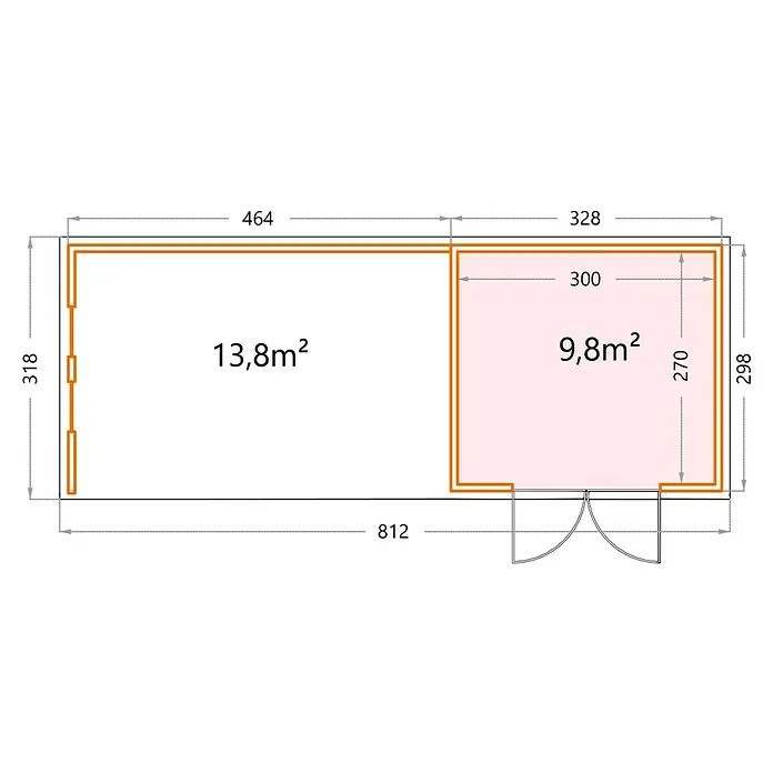 Telluria Metallgerätehaus Classico 3330 mit Lounge XL links inkl. 2 Fenster und Elektro-Set - Außenmaß inkl. Dachüberstand (B x T): 812 x 318 cm, Stahl, Weiß/Anthrazit, Inkl. Innenwandverkleidung & Elektro-Set - Grundrisszeichnung eines kleinen Hauses mit den Maßen 812 x 318 cm für den Hauptraum und 328 x 298 cm für den Nebenraum.