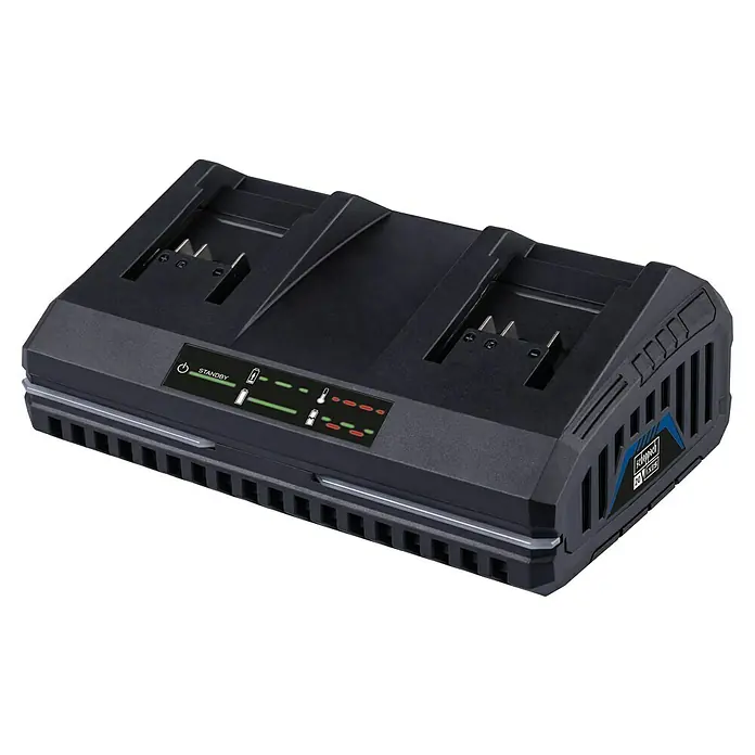 Scheppach IXES 20V Dual-Ladegerät SDBC2.4A - 20 V, Passend für: Scheppach IXES 20V Akkus - Scheppach Doppelladegerät 20 V, das zwei Akkus gleichzeitig auflädt. Der Ladezustand wird durch LEDs angezeigt.
