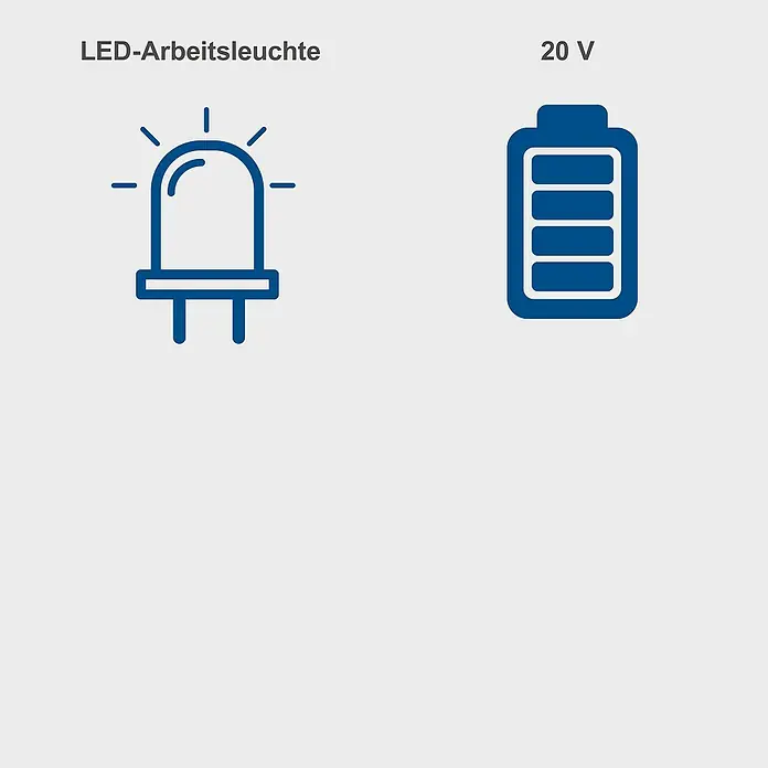 Scheppach IXES 20V Akku-Säbelsäge BC-RS250-X - 20 V, Hublänge: 28 mm - LED-Arbeitsleuchte mit 20V Akku. Ein Symbol für eine LED-Lampe und ein Batteriesymbol mit der Aufschrift "20 V".