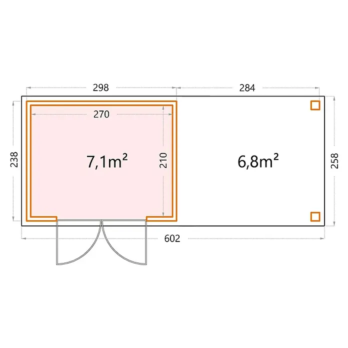 Telluria Metallgerätehaus Classico 3024 mit Open Lounge L rechts inkl. Elektro-Set - Außenmaß inkl. Dachüberstand (B x T): 602 x 258 cm, Stahl, Lichtgrau/Anthrazit, Inkl. Innenwandverkleidung & Elektro-Set - Grundriss einer Hütte mit zwei Räumen und den Maßen 298 x 238 cm und 284 x 258 cm. Gesamtbreite ist 602cm,  Fläche: 7,1m² und 6,8m².
