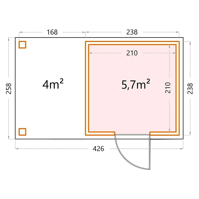 Telluria Metallgerätehaus Classico 2424 mit Open Lounge S links inkl. Elektro-Set - Außenmaß inkl. Dachüberstand (B x T): 426 x 258 cm, Stahl, Weiß/Anthrazit, Inkl. Innenwandverkleidung & Elektro-Set - Grundriss des Produkts mit Flächenangaben, der 4m² und 5,7m² enthält und alle Seiten sind mit präzisen Maßen versehen.