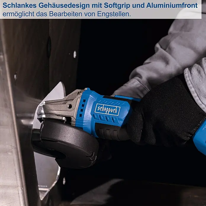 Scheppach IXES 20V Akku-Winkelschleifer BC-AG125-X - 20 V, Ohne Akku, Durchmesser Scheibe: 125 mm - Schlankes Scheppach Gehäusedesign mit Softgrip und Aluminiumfront ermöglicht das Bearbeiten von Engstellen.