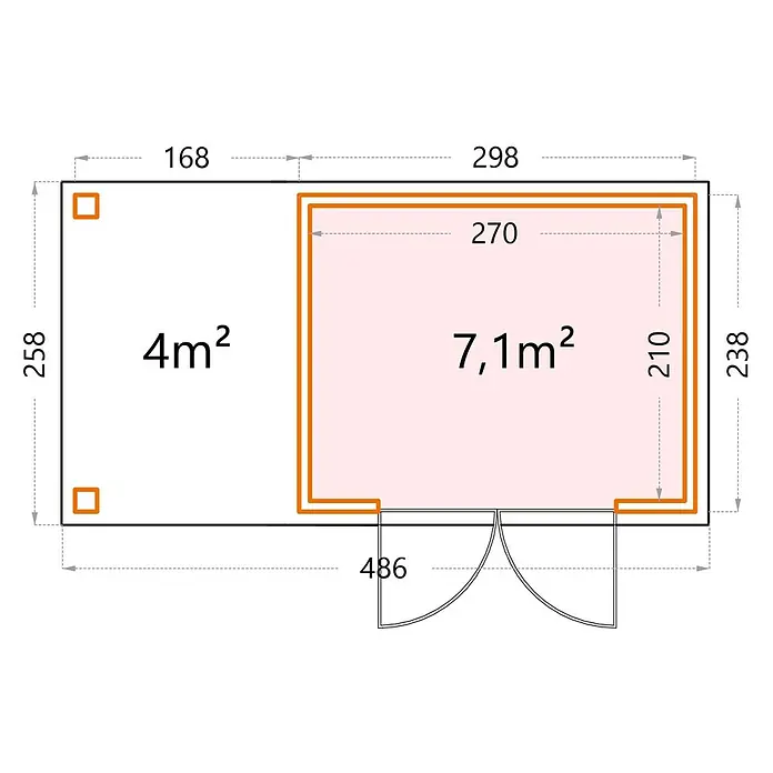 Telluria Metallgerätehaus Classico 3024 mit Open Lounge S links inkl. Elektro-Set - Außenmaß inkl. Dachüberstand (B x T): 486 x 258 cm, Stahl, Anthrazit, Inkl. Innenwandverkleidung & Elektro-Set - Grundriss mit Maßangaben für ein Haus mit zwei Zimmern von 4 m² und 7,1 m² und einer Gesamtbreite von 486 cm.