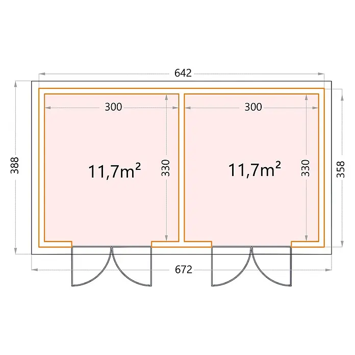 Telluria Metallgerätehaus Duo 3336+ inkl. Elektro-Set - Außenmaß inkl. Dachüberstand (B x T): 672 x 388 cm, Stahl, Weiß, Inkl. Innenwandverkleidung & Elektro-Set - Grundrisszeichnung eines Gebäudes mit zwei Räumen, jeweils 11,7m², mit Maßangaben zur besseren Orientierung.