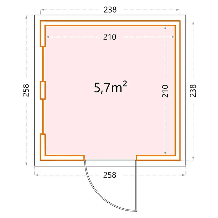 Telluria Gartenhaus Luminato 2424 inkl. Elektro-Set - Außenmaß inkl. Dachüberstand (B x T): 258 x 258 cm, Stahl, Weiß, Inkl. Innenwandverkleidung & Elektro-Set - Grundriss des Gartenhauses mit den Maßen 238x258 cm und einer Fläche von 5,7 m². Perfekt für Ihren Garten.