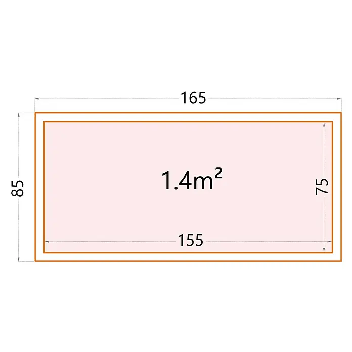 Telluria Gartenbox Nevio 160 - L x B x H: 165 x 85 x 85 cm, Stahl, Anthrazit - Schema mit Maßen einer rechteckigen Fläche von 1,4 m² innerhalb eines Rahmens mit den Maßen 165 x 85.