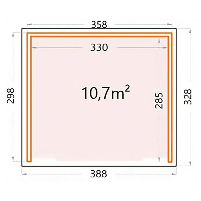 Telluria Pavillon Singolo 3630 inkl. Elektro-Set - Außenmaß inkl. Dachüberstand (B x T): 388 x 328 cm, Stahl, Lichtgrau/Anthrazit, Inkl. Innenwandverkleidung & Elektro-Set - Grundriss des Raumes mit Maßangaben. Die Raumfläche beträgt 10,7 m². Die äußeren Abmessungen sind 388 x 328 und die inneren 330 x 285.
