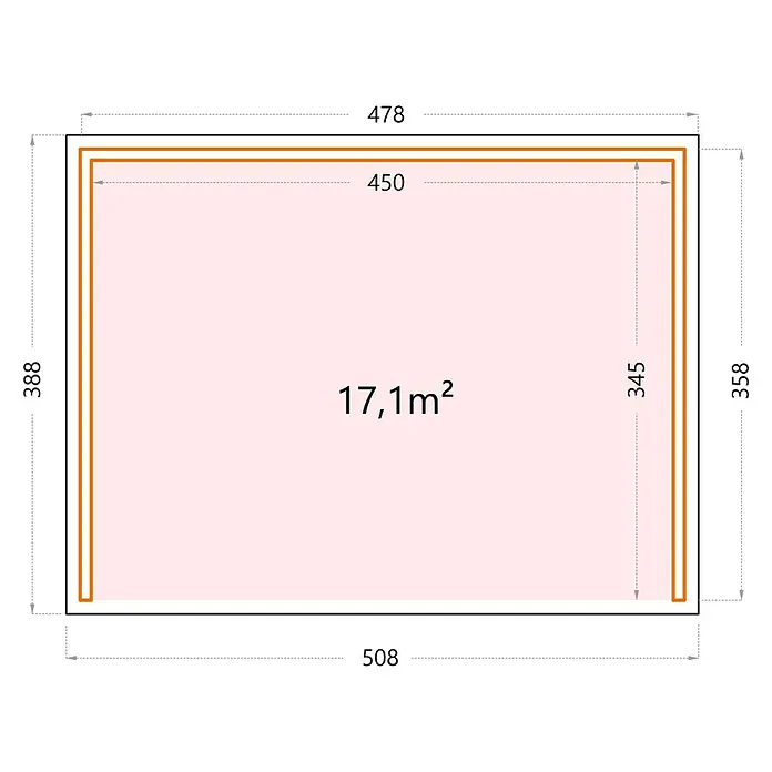 Telluria Pavillon Singolo 4836 - Außenmaß inkl. Dachüberstand (B x T): 508 x 388 cm, Stahl, Anthrazit, Ohne Set, mit Fenster rechts - Grundrisszeichnung eines rechteckigen Gartenhauses mit den Maßen 478 x 388 cm Außenmaß und 450 x 345 cm Innenmaß, Fläche 17,1 m².