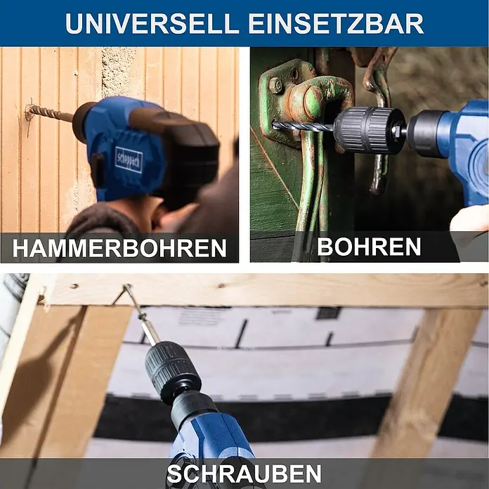 Scheppach IXES 20V Akku-Bohrhammer C-RHD130-X - 20 V, Ohne Akku, 1,3 J - Das Bild zeigt eine Bohrmaschine in verschiedenen Anwendungsszenarien: Hammerbohren, Bohren und Schrauben. Die blaue Bohrmaschine ist vielseitig einsetzbar.