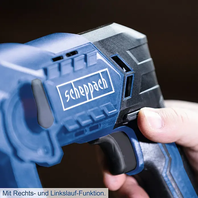 Scheppach IXES 20V Akku-Bohrhammer C-RHD130-X - 20 V, Ohne Akku, 1,3 J - Nahaufnahme eines blauen Scheppach-Akkuschraubers mit Rechts- und Linkslauf-Funktion. Ergonomisches Design für komfortable Handhabung.