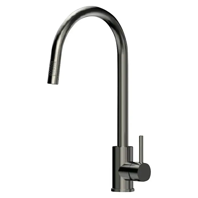 Grifo de cocina extraíble Gogofit - Antracita, Satinado - Primer plano de un grifo de cocina elegante y moderno hecho de acero inoxidable brillante, que combina funcionalidad con estilo.