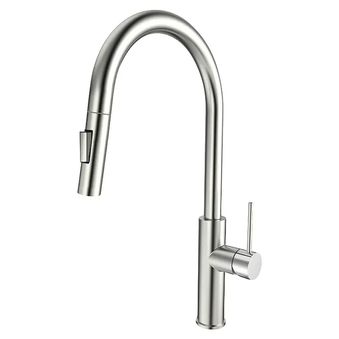 Grifo de cocina extraíble Rea - Acero, Satinado - Primer plano de un grifo de cocina de níquel cepillado con caño alto y manija de palanca, aislado sobre fondo negro.