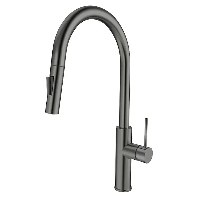 Grifo de cocina extraíble Rea - Antracita, Satinado - Primer plano de un moderno grifo de cocina en metal cepillado con caño giratorio y maneta monomando.