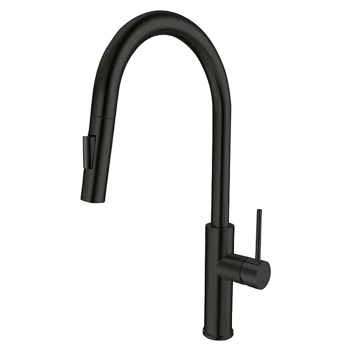 Grifo de cocina extraíble Rea - Negro, Mate - Un elegante grifo de cocina negro mate con caño alto y palanca lateral, que combina diseño moderno con funcionalidad.