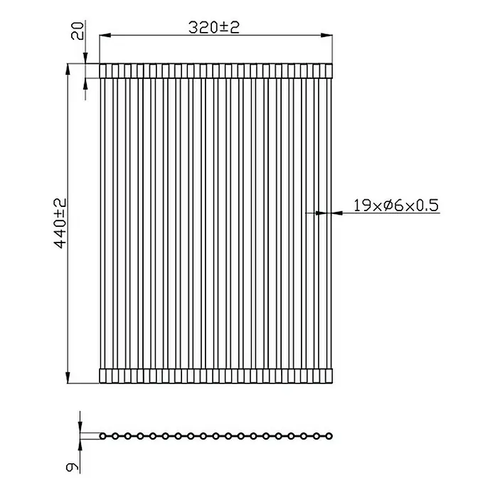 Esterilla escurridora enrollable - 44 x 32 cm, Inox/Negro - Dibujo técnico de una esterilla calefactora con dimensiones. La esterilla mide 320 mm de ancho y 440 mm de alto.
