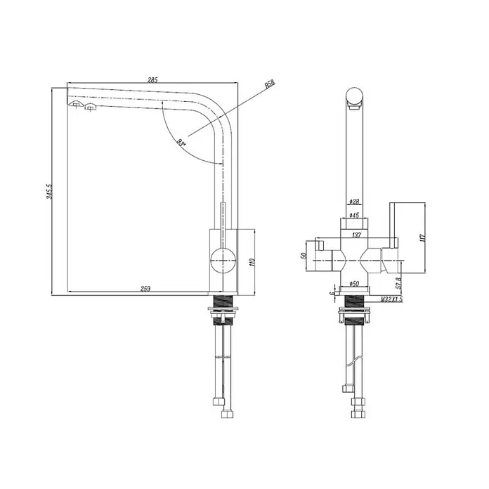 Grifo de cocina Orión Osmosis - Rosé, Mate - Dibujo técnico de un grifo con dimensiones precisas y detalles para la instalación y el diseño, incluyendo ángulos y radios.