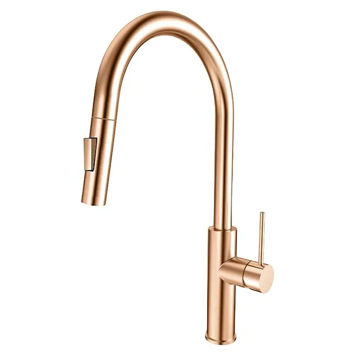 Grifo de cocina extraíble Rea - Rosé, Mate - Primer plano de un grifo de cocina de oro rosa, con un caño de arco alto y una palanca lateral para el control del agua.