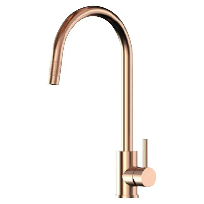Grifo de cocina extraíble Gogofit - Rosé, Mate - Primer plano de un elegante grifo de oro rosa con caño curvo y mango elegante sobre un fondo negro.