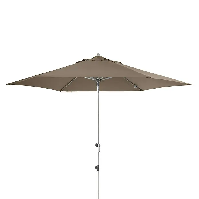 Doppler Expert Marktschirm rund Auto Tilt - Greige, Durchmesser Bespannung: 320 cm - Ein quadratischer, brauner Sonnenschirm mit einem robusten, silberfarbenen Ständer für den Außenbereich.