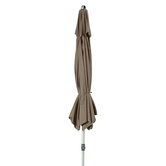 Doppler Expert Marktschirm rund Auto Tilt - Greige, Durchmesser Bespannung: 320 cm - Geschlossener Sonnenschirm in Taupe mit silberfarbenem Mast. Der Stoff ist gerafft und zusammengebunden für eine platzsparende Aufbewahrung.