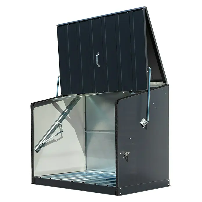 Trimetals Garten-Aufbewahrungsbox Stowaway - Anthrazit, Stahl - Aufnahme eines robusten, schwarzen Outdoor-Lagerschranks mit geöffnetem Deckel, ideal zur Aufbewahrung im Freien.