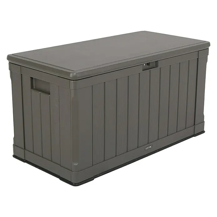 Lifetime Gartenbox Harmony - 128 x 64 x 67 cm, Braun, Kunststoff - Graue Lifetime Aufbewahrungsbox aus Kunststoff mit Holzstruktur für den Außenbereich zur Aufbewahrung von Gartenutensilien und Spielzeug.