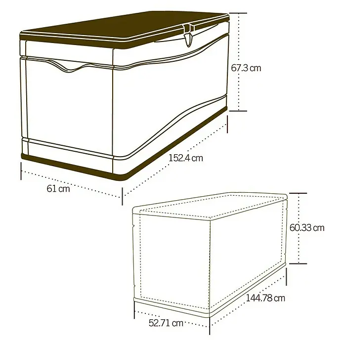 Lifetime Gartenbox XXL - L x B x H: 153 x 61 x 66 cm, Kunststoff - Abbildung eines Outdoor-Aufbewahrungskoffers mit Größenangaben.