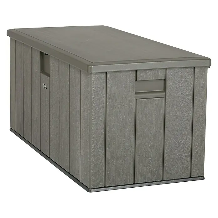 Lifetime Gartenbox - L x B x H: 151 x 72 x 69 cm, Kunststoff, 570 l, Dunkelgrau - Graue Lifetime-Aufbewahrungsbox für den Außenbereich mit Holzmaserung und flachem Deckel, ideal zur Lagerung im Freien.