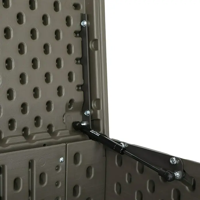 Lifetime Gartenbox - L x B x H: 151 x 72 x 69 cm, Kunststoff, 570 l, Dunkelgrau - Detailaufnahme eines montierten Outdoor-Lagerschrankes mit Klappdeckel und schwarzem Scharnier für einfaches Öffnen und Schließen.