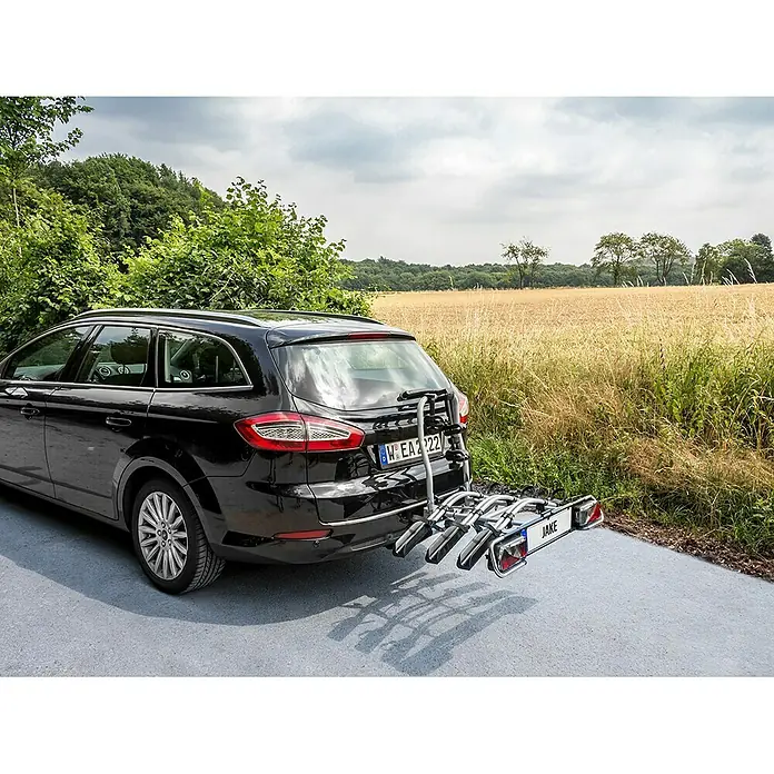 Eufab Erweiterungs-Set - Passend für: Eufab Fahrradträger Jake, Geeignet für: 1 Fahrrad - Heckansicht eines schwarzen Autos mit einem Fahrradträger, der am Heck befestigt ist.