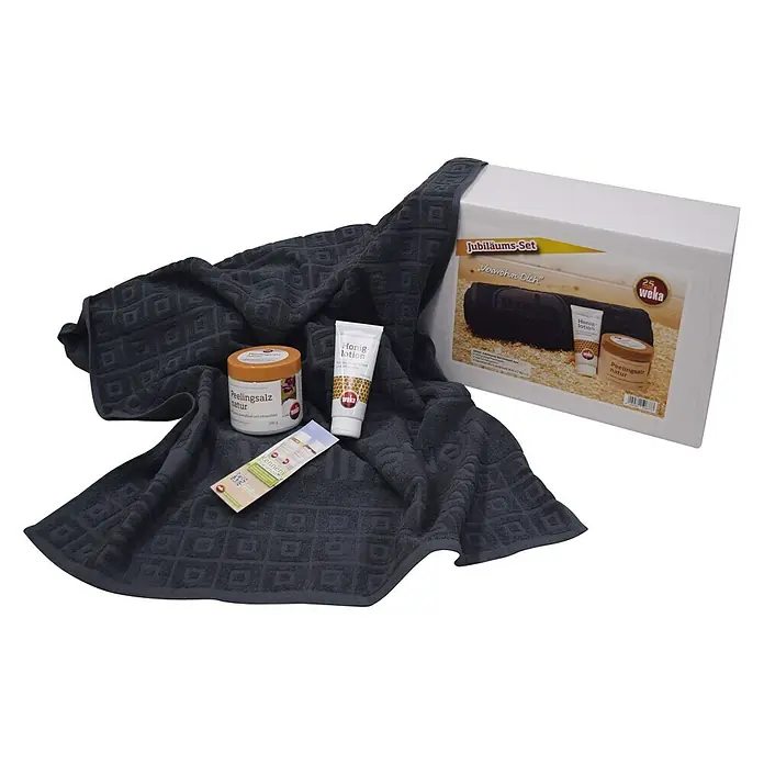 Weka Sauna-Zubehör-Set - 3 -tlg. - Ein luxuriöses Badeset mit Peeling, Honiglotion und einem weichen Handtuch, präsentiert in einer eleganten Geschenkbox.