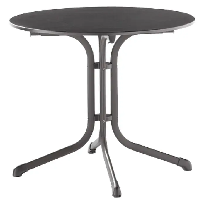 Sieger Boulevard Balkontisch rund - Ø x H: 85 x 73 cm, Stahl, Vivodur, Klappbar, Eisengrau/Anthrazit - Hier ist ein runder Gartentisch mit einem stilvollen und robusten Metallgestell, ideal für den Außenbereich.