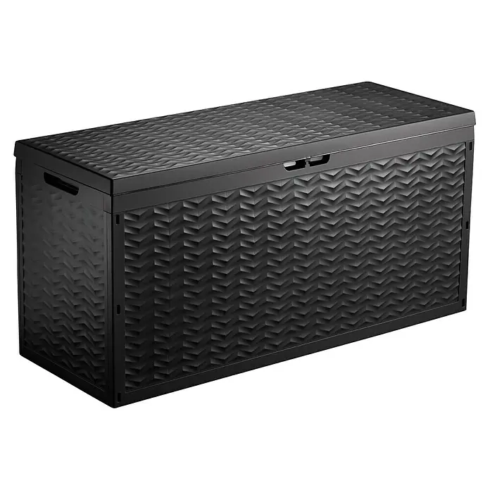 Jelenia Plast Gartenbox Cargo - L x B x H: 120 x 45 x 60 cm, Anthrazit - Schwarze Outdoor-Aufbewahrungsbox mit gewebter Textur. Ideal für Garten, Terrasse oder Balkon zur Aufbewahrung von Kissen und Gartengeräten.