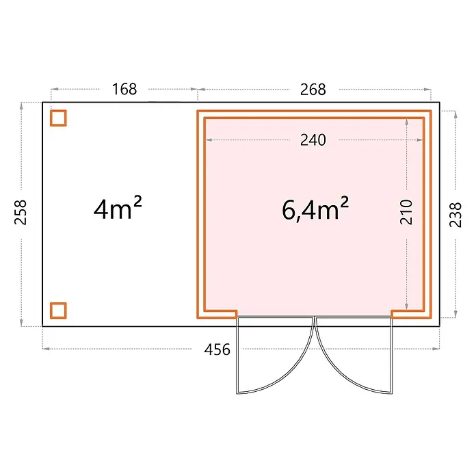 Telluria Metallgerätehaus Classico 2724 mit Open Lounge S rechts - Außenmaß inkl. Dachüberstand (B x T): 456 x 258 cm, Stahl, Lichtgrau/Anthrazit, Ohne Set - Grundrisszeichnung mit Flächenangaben. Gesamtfläche mit zwei Bereichen (4m² und 6,4m²) und Bemaßungen für Bau oder Planung.