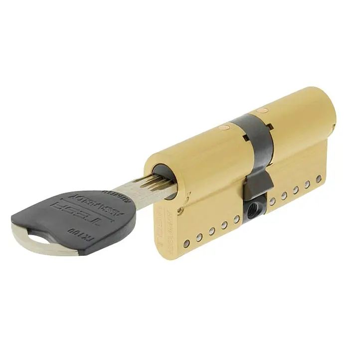 Tesa Assa Abloy Cilindro de perfil de seguridad TK100 - Número de llaves: 5 ud., Longitud total interior/exterior: 40/40 mm, Latón - Imagen de un cilindro TESA con llave. Excelente protección para tu puerta.