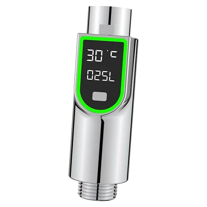 Rousseau Dispositivos de ahorro de agua Ekogest - Plástico, Cromo - Imagen de un indicador digital de temperatura para grifo de agua. El dispositivo muestra 30°C y 025L en su pantalla, con un marco verde brillante.