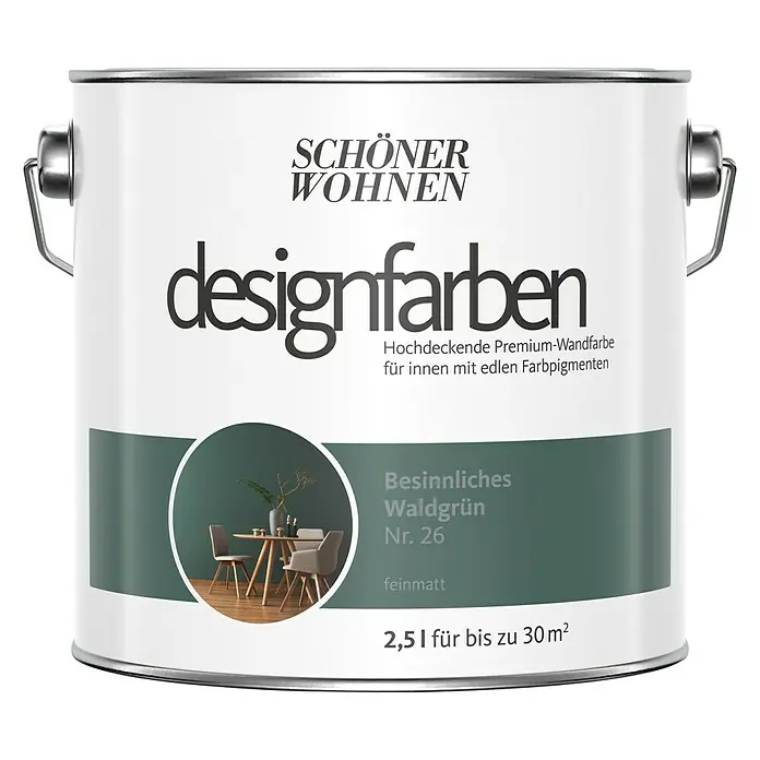 SCHÖNER WOHNEN-Farbe Wandfarbe Designfarbe - Besinnliches Waldgrün, Matt, 2,5 l, Konservierungsmittelfrei - Farbdose "Schöner Wohnen Designfarben" in Waldgrün. Hochdeckende Premium-Wandfarbe für Innenräume mit edlen Farbpigmenten, Inhalt 2,5l für bis zu 30 m².